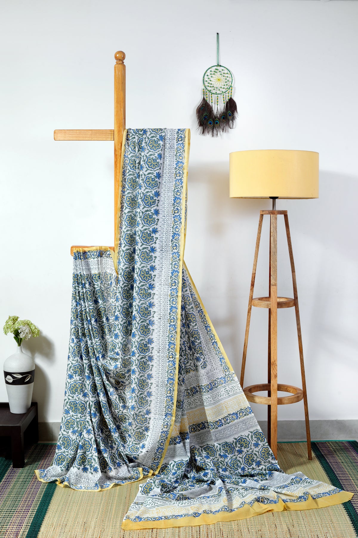 Mul Cotton Sanganeri - blue, yellow,  and green floral block prints