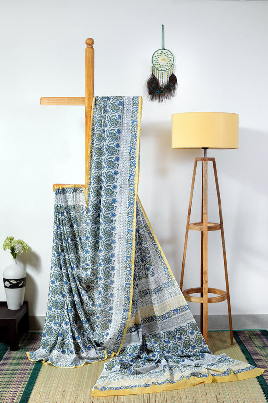 Mul Cotton Sanganeri - blue, yellow,  and green floral block prints