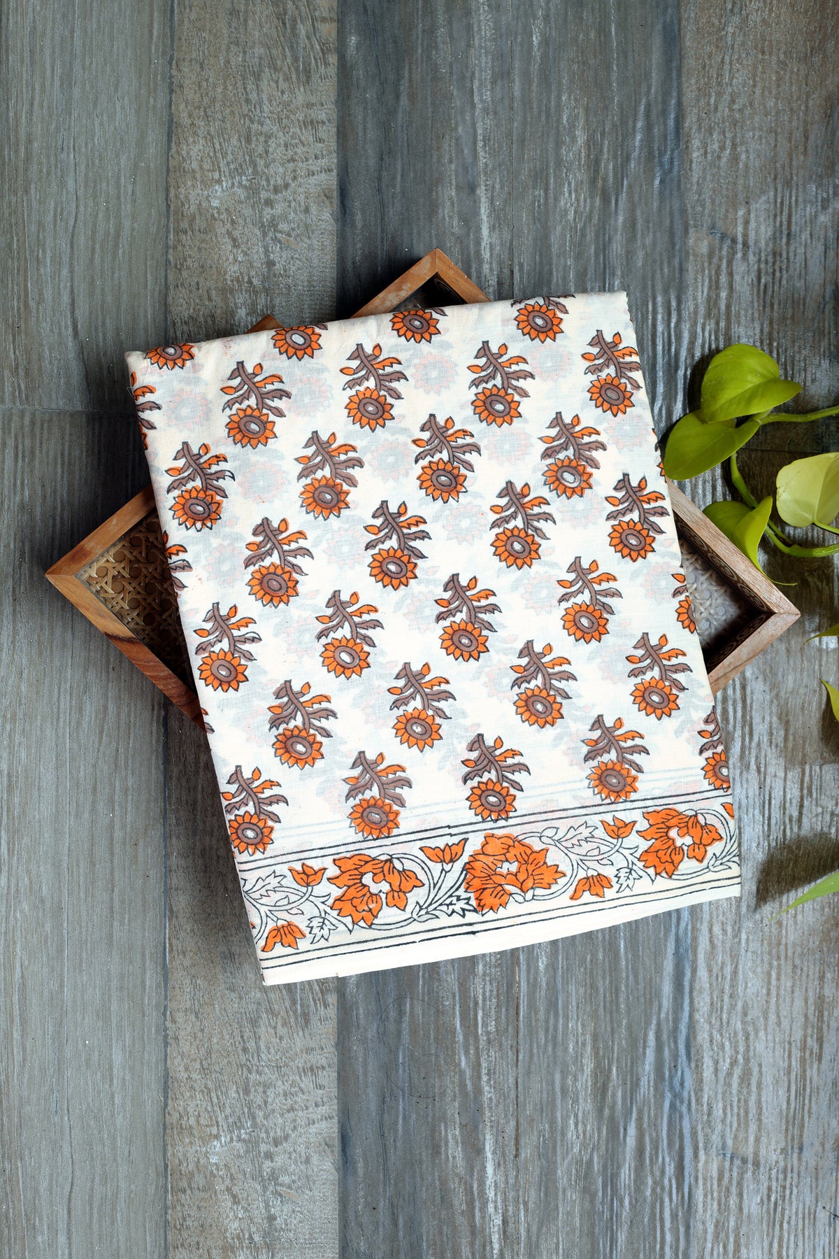 Mul Cotton Sanganeri - brown & Orange block prints