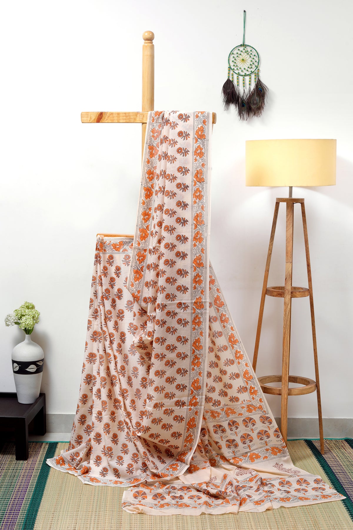 Mul Cotton Sanganeri - brown & Orange block prints
