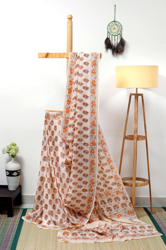 Mul Cotton Sanganeri - brown & Orange block prints
