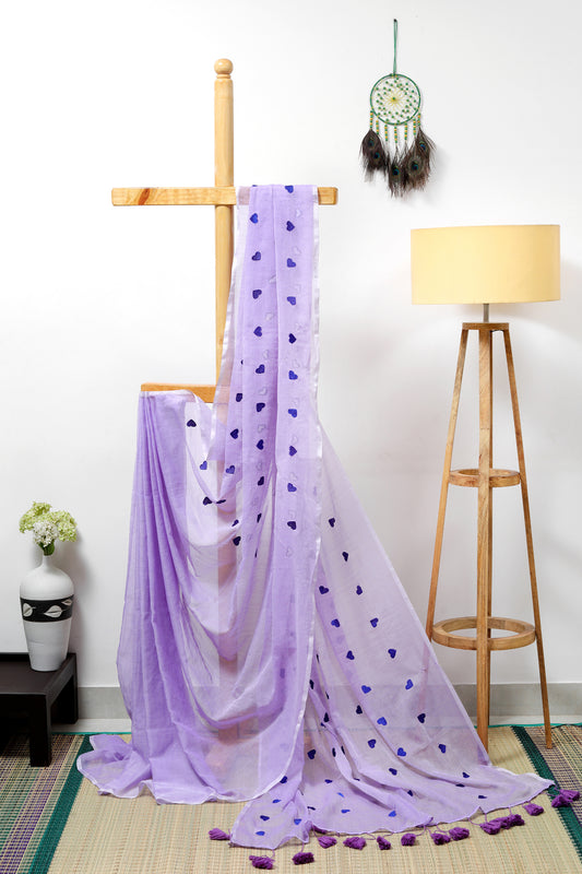 Mul cotton - light lavender saree with blue heart embroidery and lavender tassels