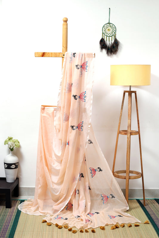 Mul cotton  - light peach saree with doll embroidery and mustard tassels