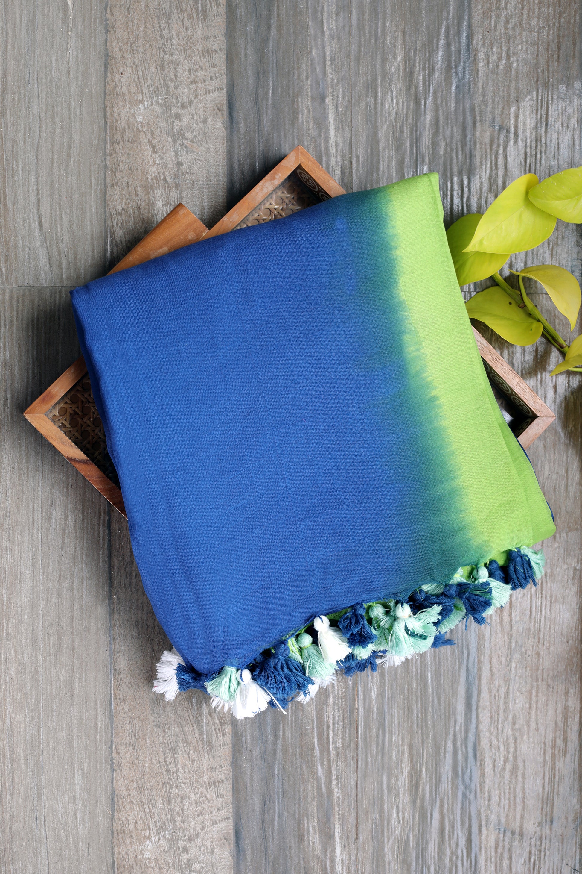 Mul cotton - tie and dye green and blue with multicolored  tassels