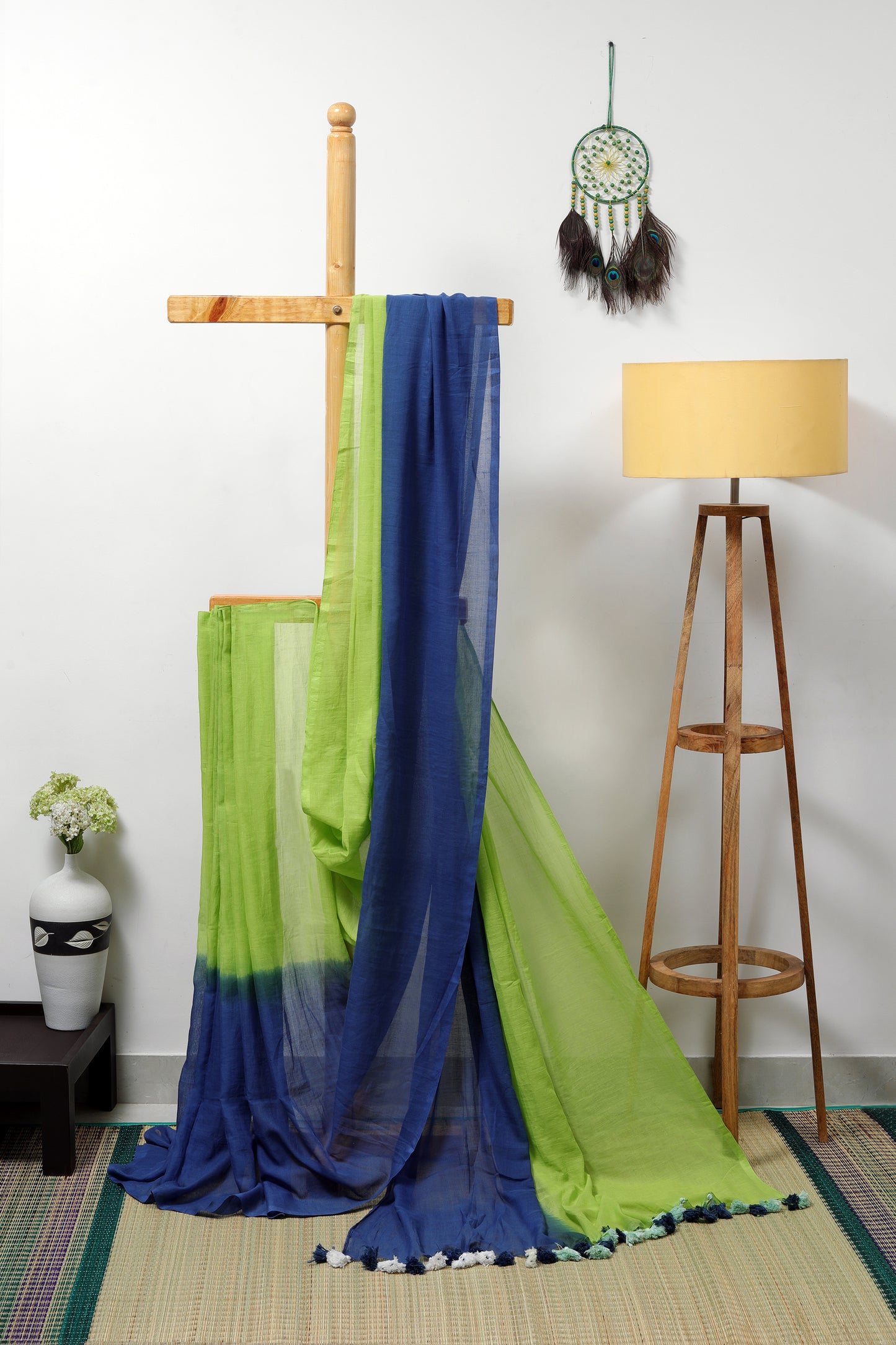 Mul cotton - tie and dye green and blue with multicolored  tassels