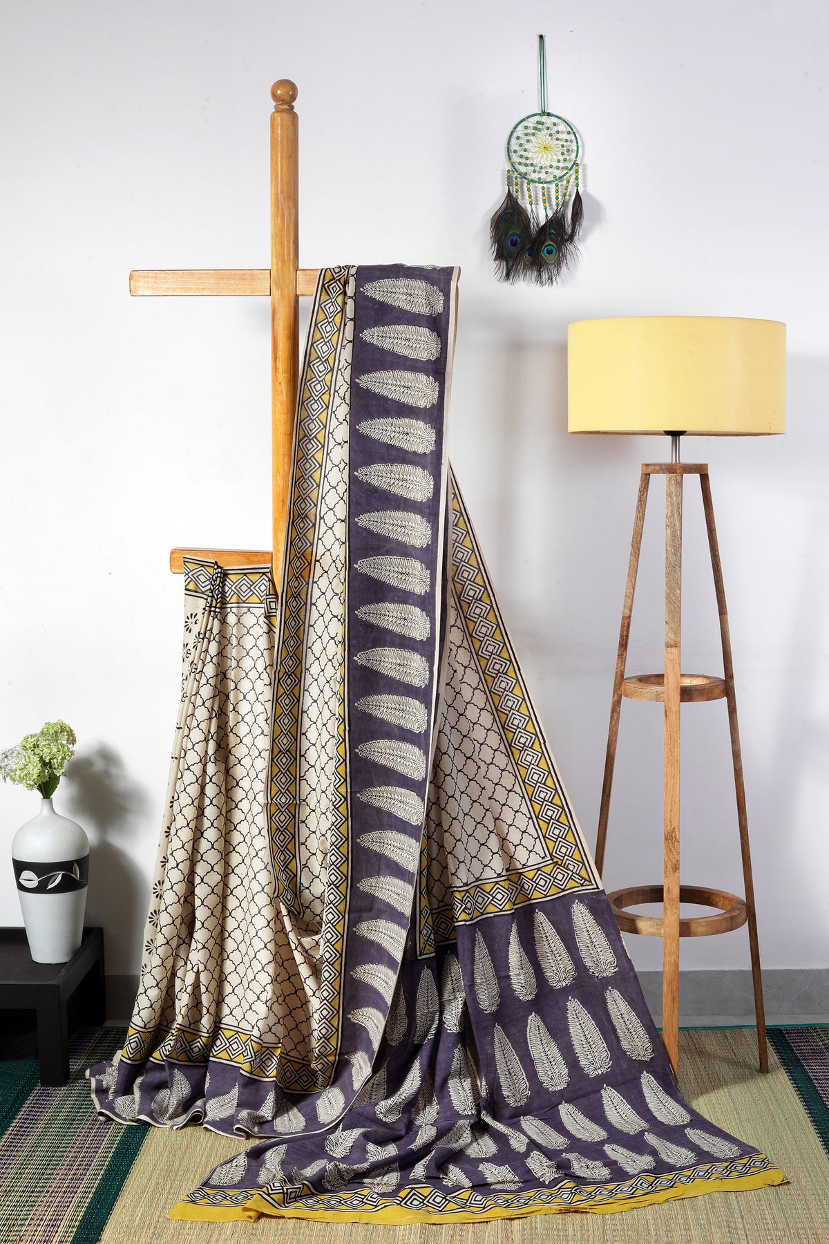 Mul cotton Bagru prints - Black  and yellow with violet  