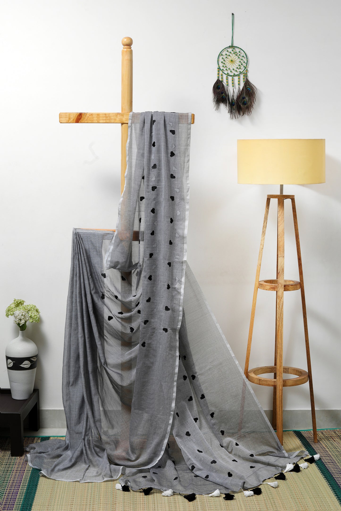 Mul cotton Embroidery - grey saree with black heart embroidery and black and white tassels