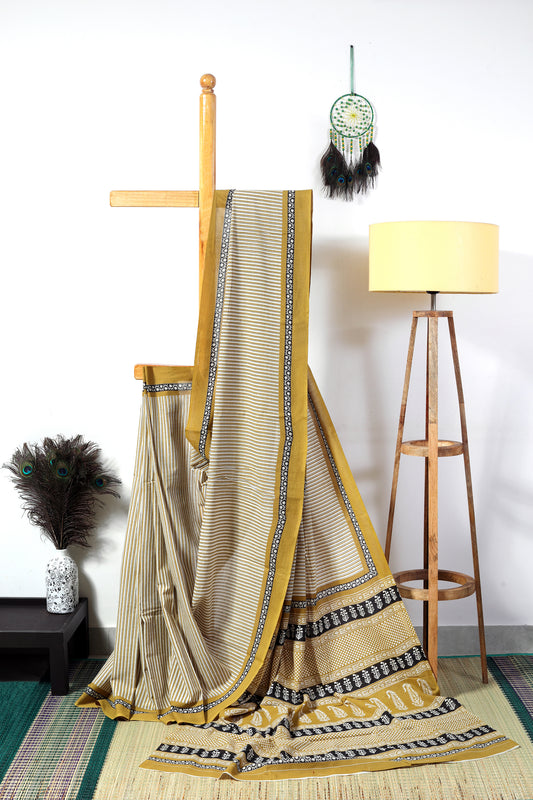 Mul cotton bagru prints - Beige , black and mustard