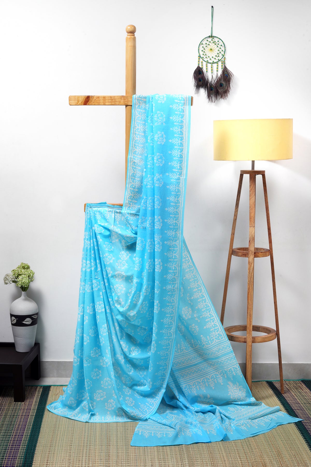 Mul cotton block prints - Sky blue with white 