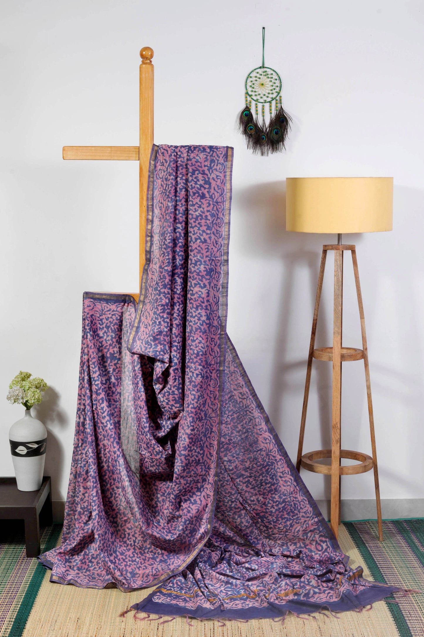 Silk blend  -blue & pink dabu prints  with golden zari