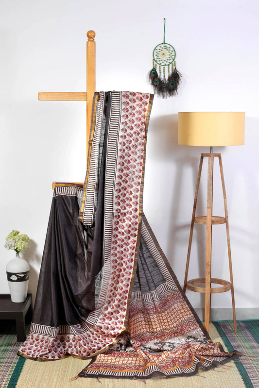 Silk blend  - Black potai bagru with Gold zari