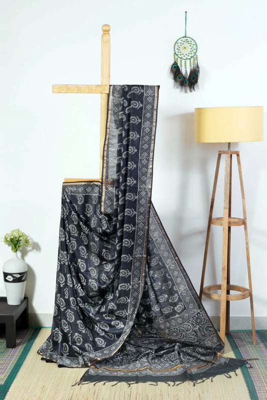 Silk blend black body with mango design block prints with zari