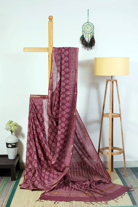 Silk blend - Dark Mauve Leaf Block Print Saree with Zari Border