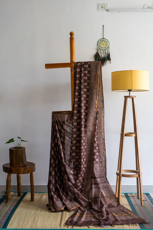 Silk blend - Brown Floral Block Print Saree with Geometric Border