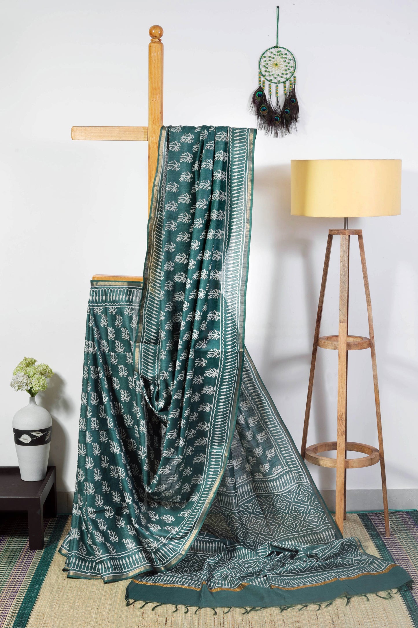Silk blend - Green  Block Print Saree with Zari Border