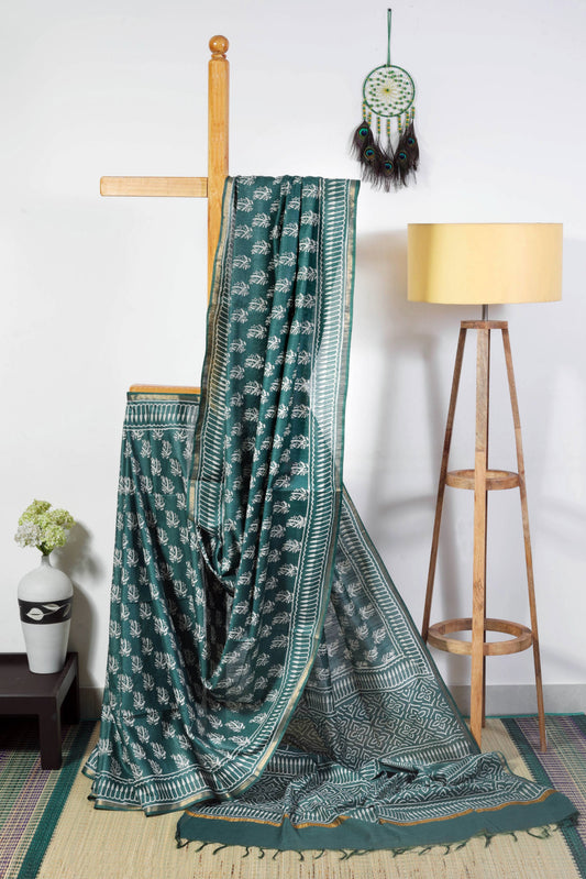Silk blend - Green  Block Print Saree with Zari Border