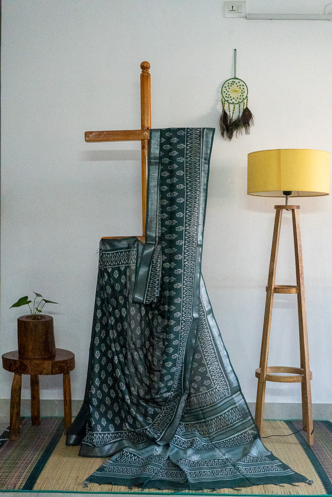 Linen Cotton - White block prints in green with zari