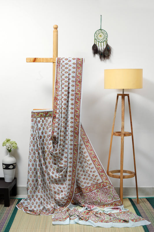 Mul Cotton Sanganeri - pastel blue with green and red block prints