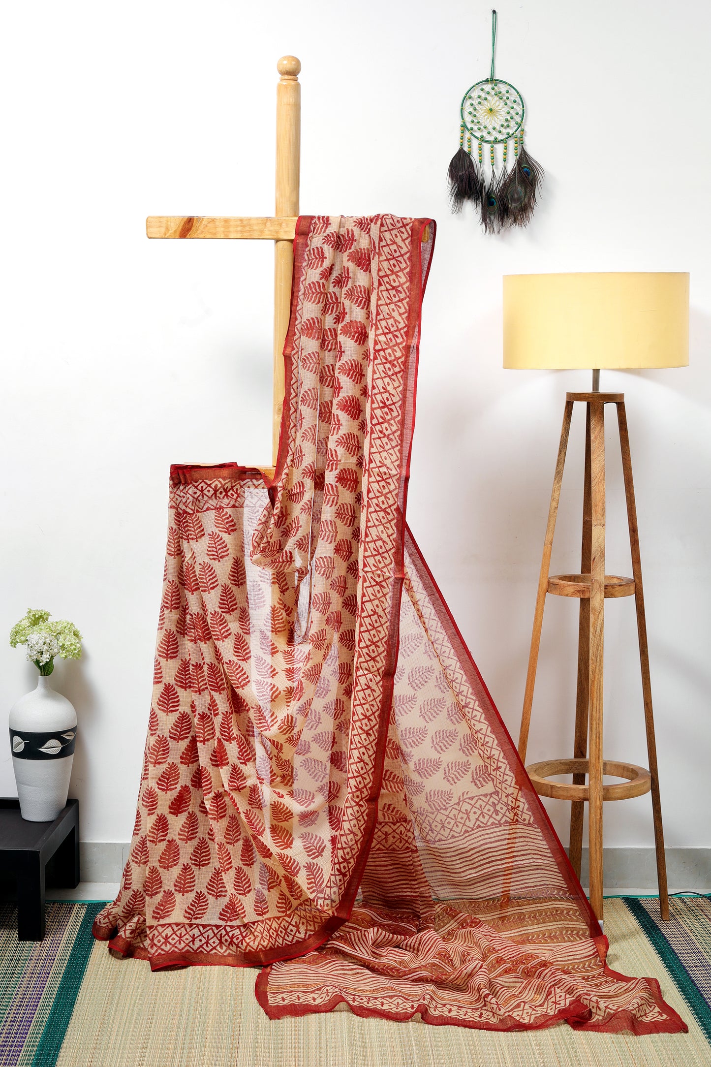 Kota Doria Bagru - beige saree with red leaf prints and red zari border