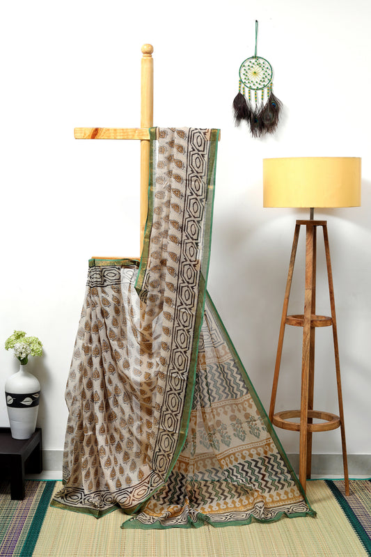 Kota doria Bagru - beige with mustard black leaf like prints and black border with green zari