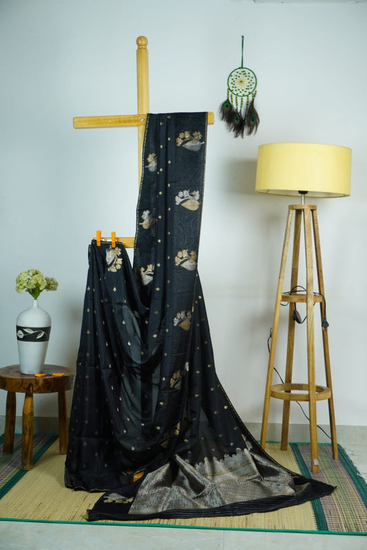 Semi silk - Black with  self patterned border and gold zari
