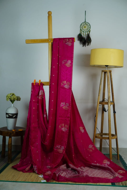 Semi silk - Fuchsia pink with  self patterned border and gold zari