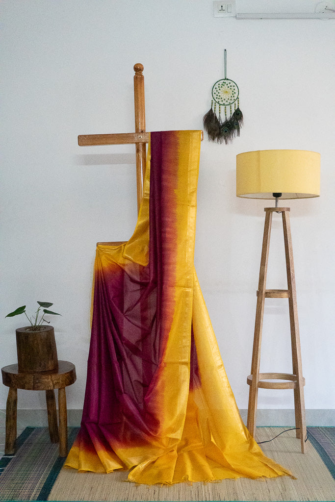 Silk Blend - Magenta saree with yellow border and gold zari