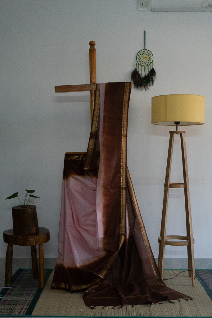 Silk Blend - PInk saree with coffee brown border and gold zari