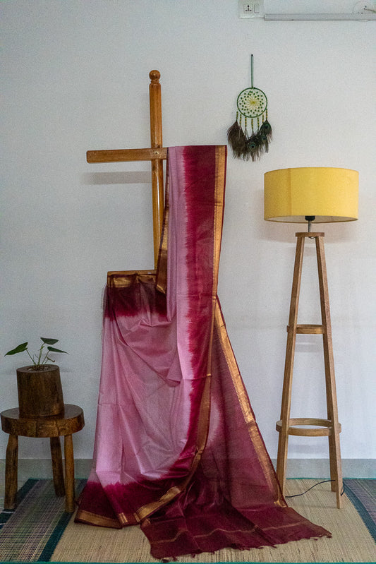 Silk Blend - PInk saree with maroon border and gold zari