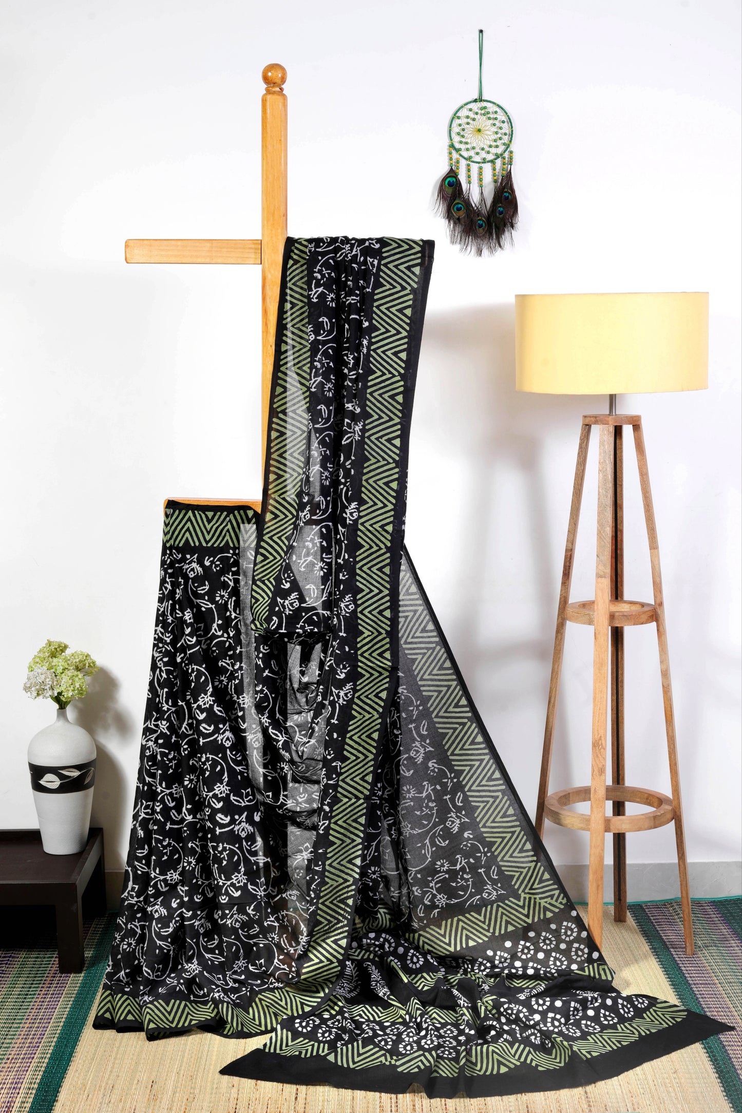 Soft Cotton -Jaipur block print - Black with white floral prints