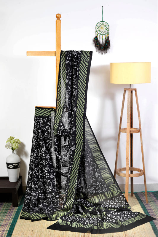 Soft Cotton -Jaipur block print - Black with white floral prints