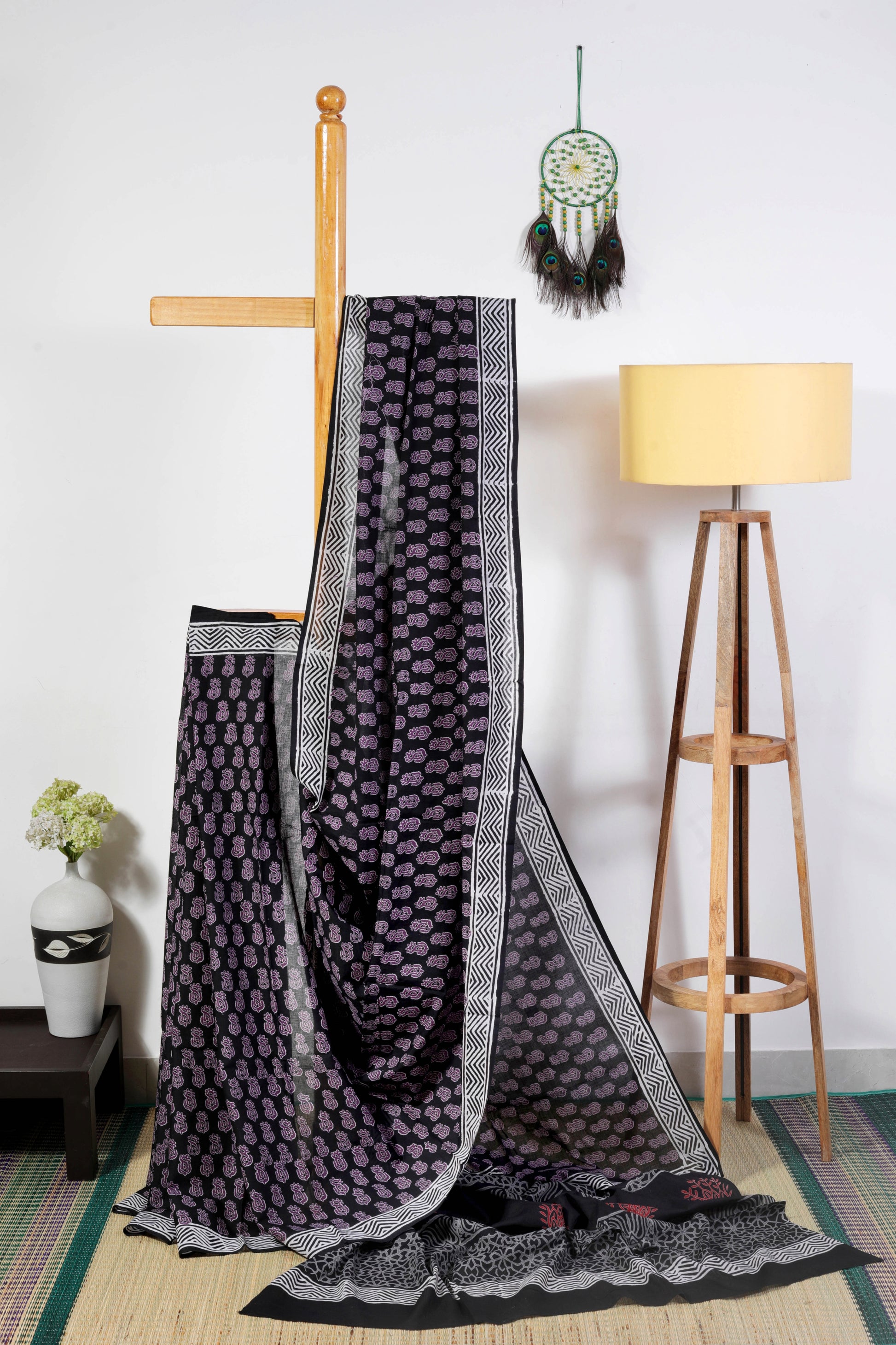 Soft Cotton -Jaipur block prints - black body with purple block prints and white border