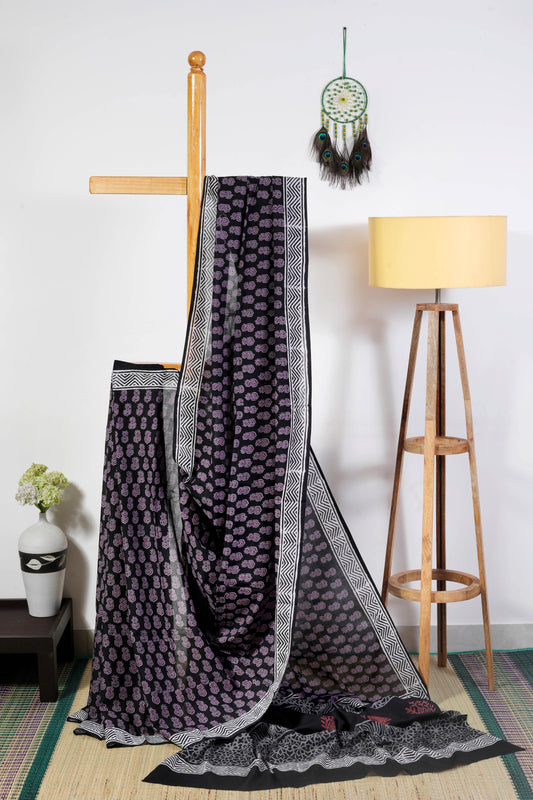 Soft Cotton -Jaipur block prints - black body with purple block prints and white border