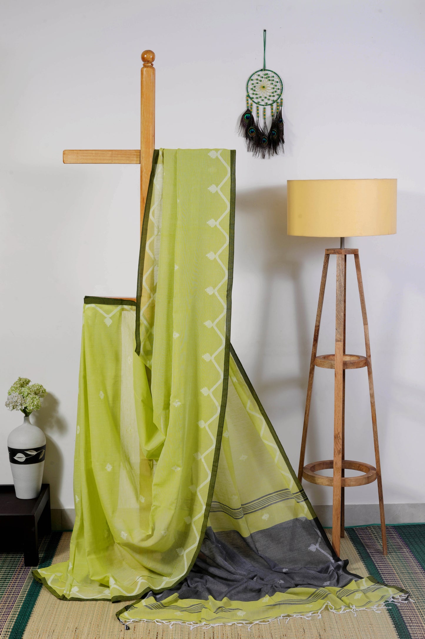 Soft Cotton - parrot green and grey Temple border