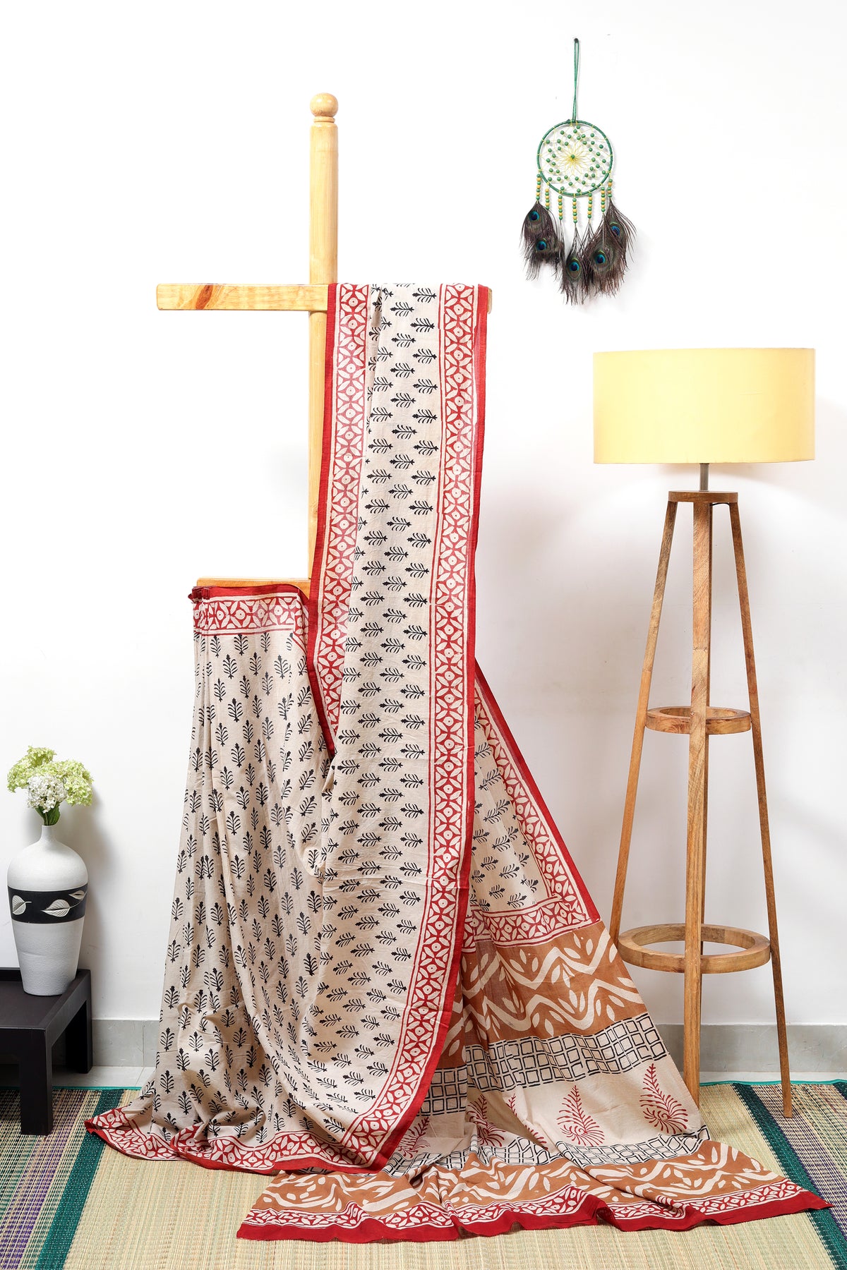 Soft cotton - Bagru block prints in black with a red border