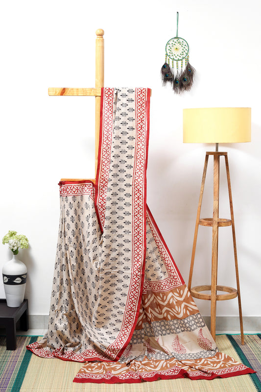 Soft cotton - Bagru block prints in black with a red border