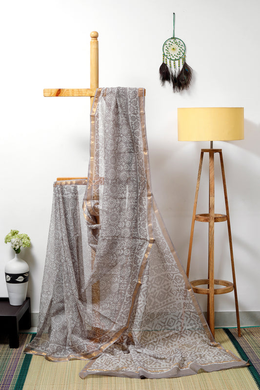 kota doria dabu overlap - mud colored body with off white floral prints and golden zari 