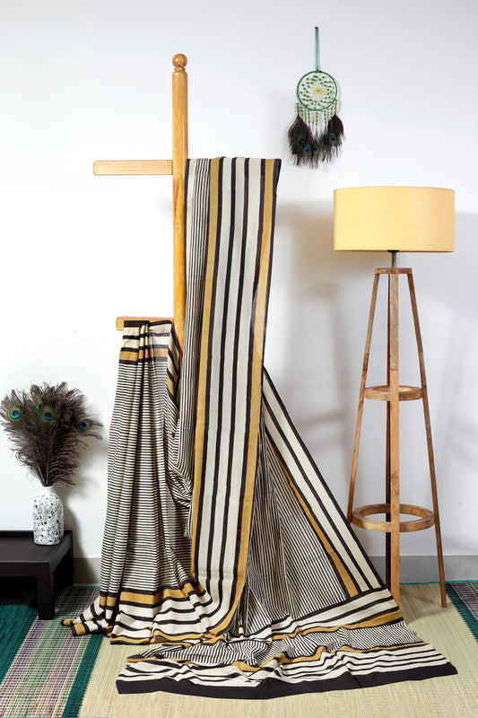 mul mul cotton bagru prints - Beige and Black