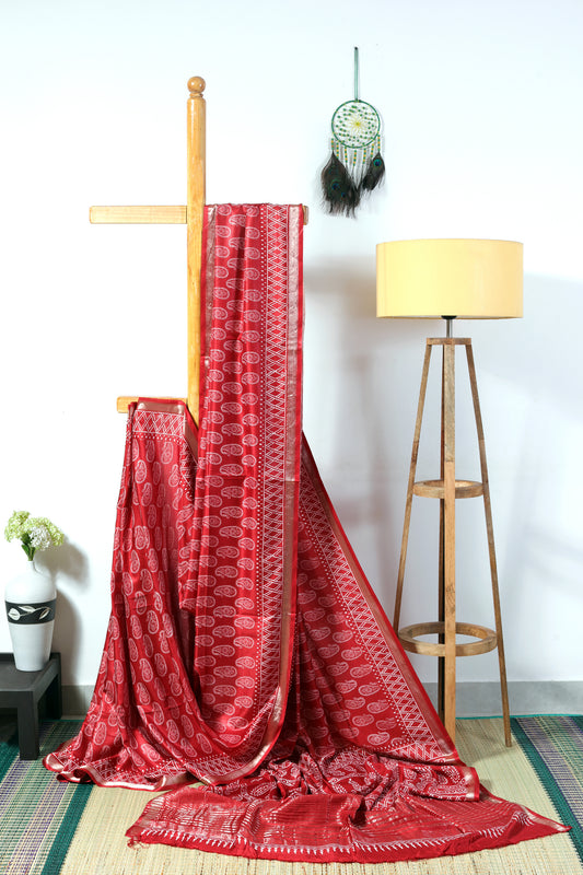  silk crepe - block print, red saree with white mango block prints with zari