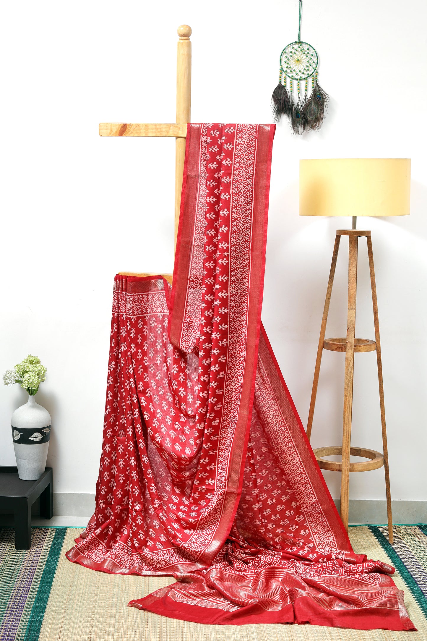 art silk maheshwari - maroon body with cream leaf block prints with a zari border